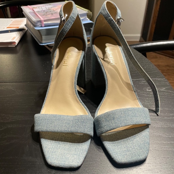 Blue linen block heel sandal - Picture 2 of 4